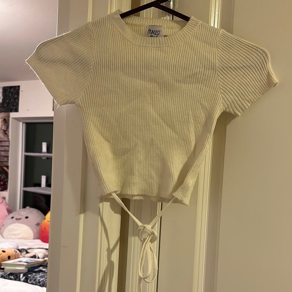 White Ribbed Knit Tie-Front Top